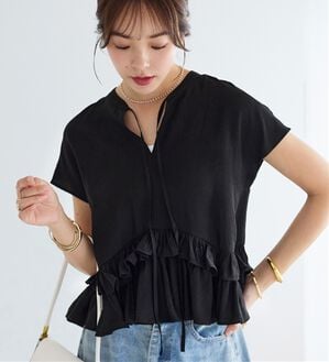 alotta（アロッタ）の「裾ティアードキーネックブラウス（ブラウス）」｜ブラック