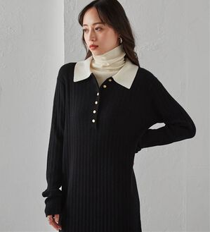 RANAN（ラナン）の「ポロカラーリブニットワンピース（ロングワンピース）」｜ブラック