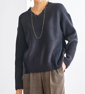 BELLUNA（ベルーナ）の「レース使いあぜ編ニットプルオーバー（ニット・セーター）」｜ネイビー