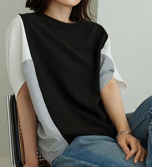 BELLUNA（ベルーナ）の「ストライプ配色切替ドルマンプルオーバー（カットソー）」｜黒系