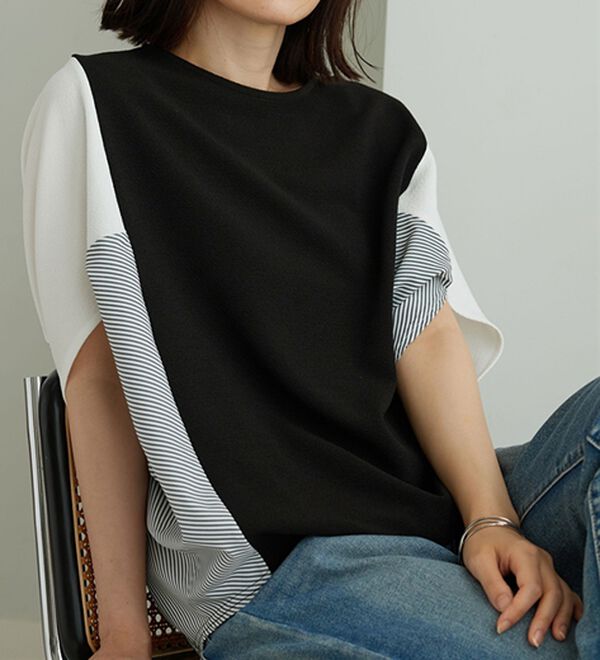 BELLUNA（ベルーナ）の「ストライプ配色切替ドルマンプルオーバー（カットソー）」｜黒系