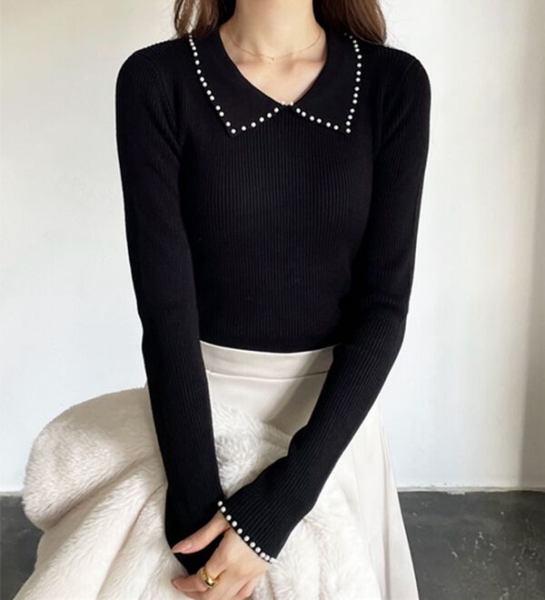 GeeRA（ジーラ）の「【YOUING.】パール衿リブニット（ニット・セーター）」｜ブラック