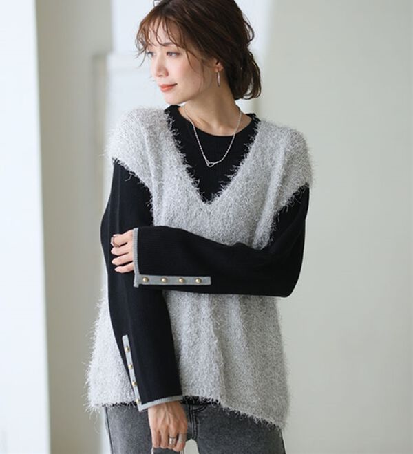 A HAPPY MARILYN（アハッピーマリリン）の「【Ｌ～８Ｌ】フィットしすぎない！もっちりリブ 配色美人着回し 袖ボタンニット（ニット・セーター）」｜詳細画像