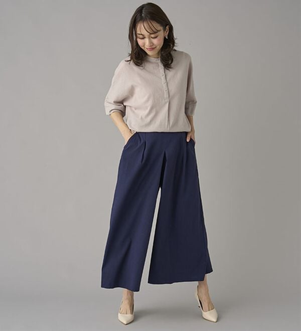 BELLUNA（ベルーナ）の「ひんやりスラブ調素材ガウチョパンツ（フルレングスパンツ）」｜詳細画像