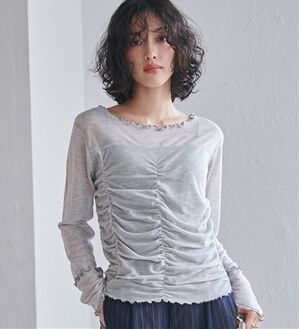 RANAN（ラナン）の「ギャザーデザインシアーTシャツ（Tシャツ）」｜グレー