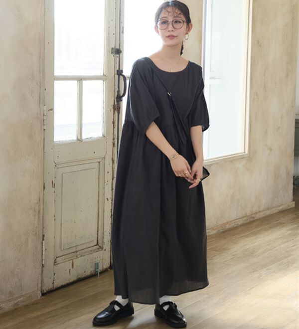 A HAPPY MARILYN（アハッピーマリリン）の「【Ｌ～６Ｌ】【風通るプレミアム】綿・楊柳、五分袖ウエスト切替ワンピース。（ロングワンピース）」｜詳細画像