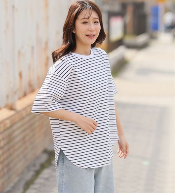 A HAPPY MARILYN（アハッピーマリリン）の「【Ｍ～８Ｌ】【ハッピーさらりん】裾ラウンド五分袖Ｔシャツ（Tシャツ）」｜詳細画像