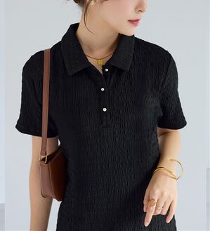 alotta（アロッタ）の「ゴールドボタンポロワンピース（カットソーワンピース）」｜ブラック