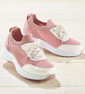 BELLUNA（ベルーナ）の「紐靴に見えるのびのびニットスニーカー（スニーカー）」｜ピンク