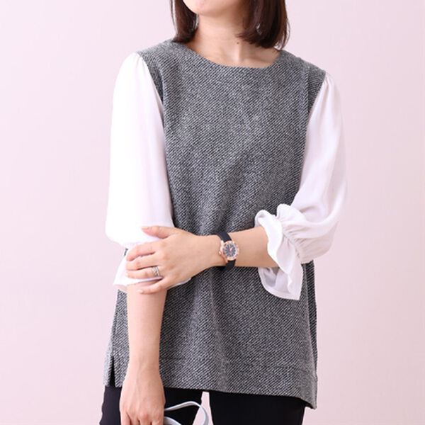 BELLUNA（ベルーナ）の「ツイード調素材レイヤード風プルオーバー（チュニック）」｜黒系