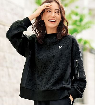 BELLUNA（ベルーナ）の「【ｍａｒｉｅ　ｃｌａｉｒｅ　ＳＰＯＲＴ】即お出かけ！花柄ジャカード異素材プルオーバー（カットソー）」