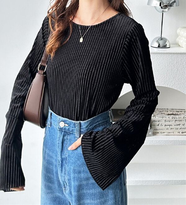 GeeRA（ジーラ）の「ストライプベロアフレアースリーブカットソー（カットソー）」｜詳細画像