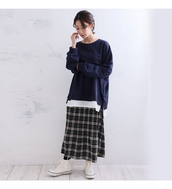 A HAPPY MARILYN（アハッピーマリリン）の「【Ｌ～１０Ｌ】ゆるっと楽ちん！着ぶくれ回避の　重ね着風　ミニ裏毛　プルオーバー（カットソー）」｜詳細画像