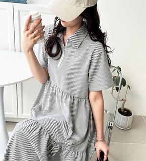 GeeRA（ジーラ）の「サッカーティアードハーフジップワンピース（その他ワンピース）」｜黒系ストライプ