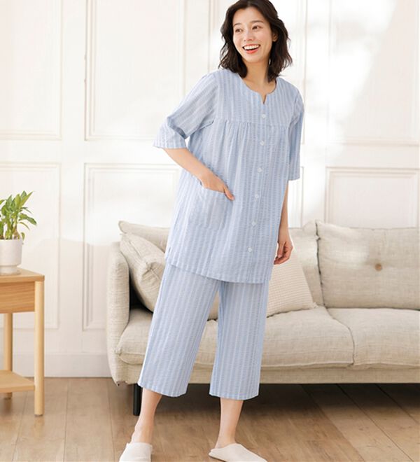 LAVIENNE（ラヴィエンヌ）の「綿１００％サッカーパジャマ（パジャマ・ルームウェア）」｜ブルーストライプ