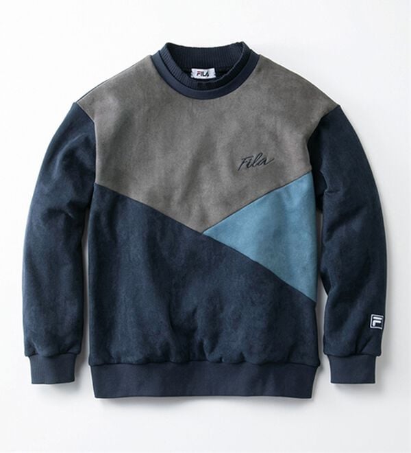 「＜フィラ＞スエード調ニット使い裏ボアトレーナー（メンズトレーナー）」｜ネイビー