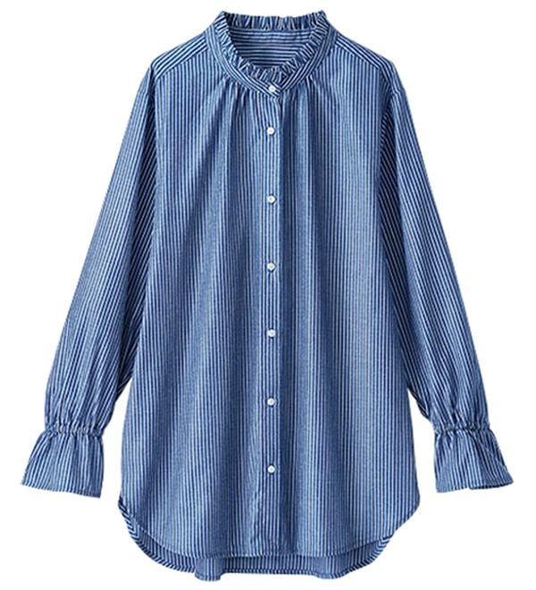 BELLUNA（ベルーナ）の「衿フリル使いラメストライプシャツチュニック（チュニック）」｜詳細画像