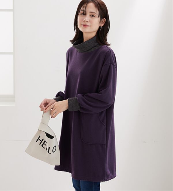BELLUNA（ベルーナ）の「オフタートルネック配色リブ切替チュニック（チュニック）」｜ワイン