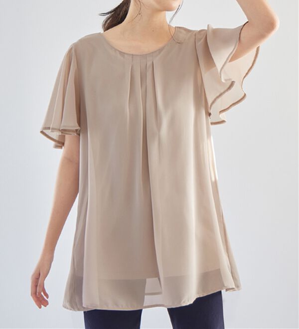 alotta（アロッタ）の「【接触冷感】インナー付シフォンタックチュニック（チュニック）」｜グレージュ