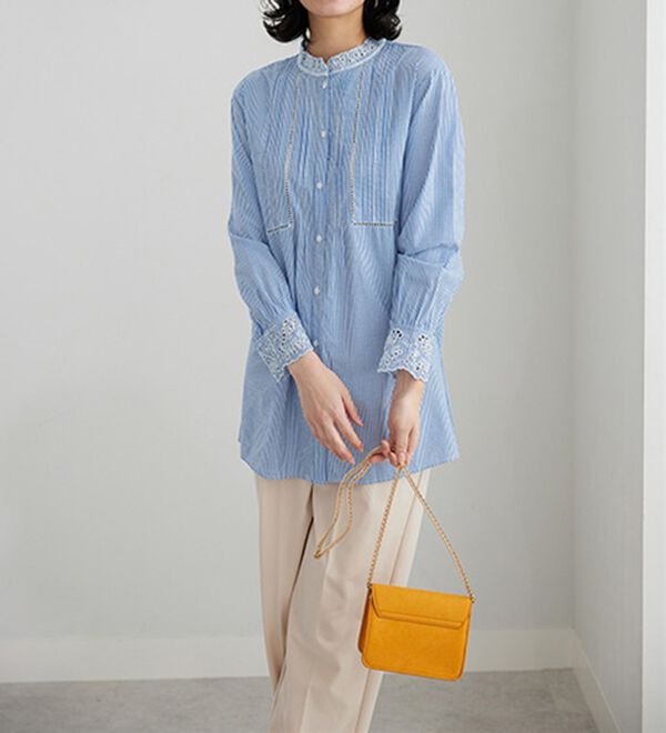 BELLUNA（ベルーナ）の「上品に着映える！衿＆袖レース切替シャツチュニック（チュニック）」｜詳細画像