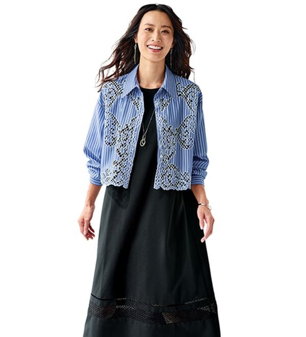 BELLUNA（ベルーナ）の「カットワーク刺しゅうストライプシャツ（シャツ）」｜詳細画像