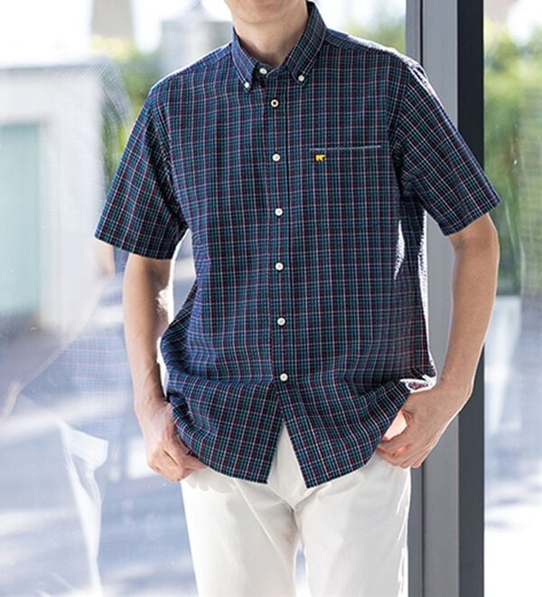 「＜ゴールデンベア＞袖丈選べる綿１００％サッカーシャツ（メンズシャツ）」｜詳細画像