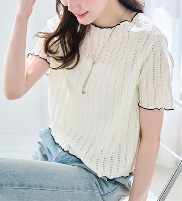 RANAN（ラナン）の「インせず着られる！透かし柄メロー配色Ｔシャツ（カットソー）」｜詳細画像
