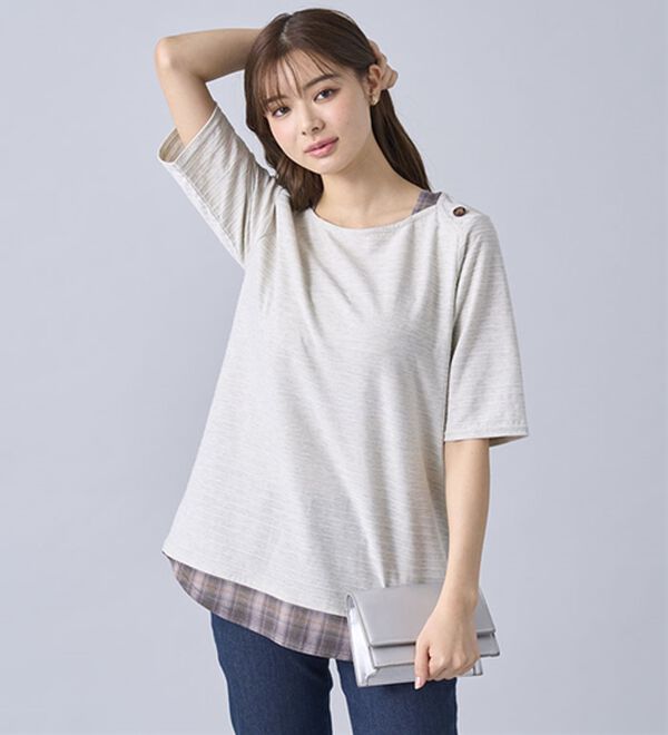 BELLUNA（ベルーナ）の「ひんやり冷感！タックジャカード素材重ね着風プルオーバー（カットソー）」｜詳細画像