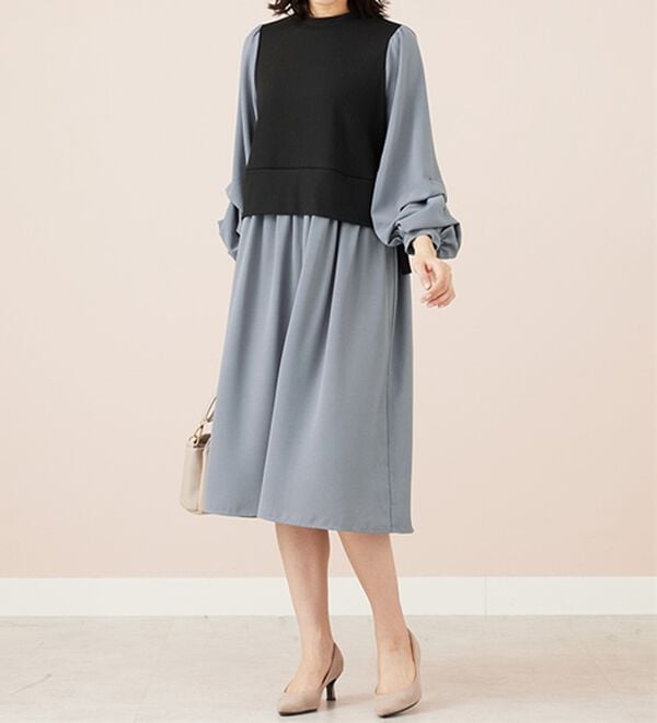 BELLUNA（ベルーナ）の「袖タックデザイン異素材切替ワンピース（その他ワンピース）」｜詳細画像