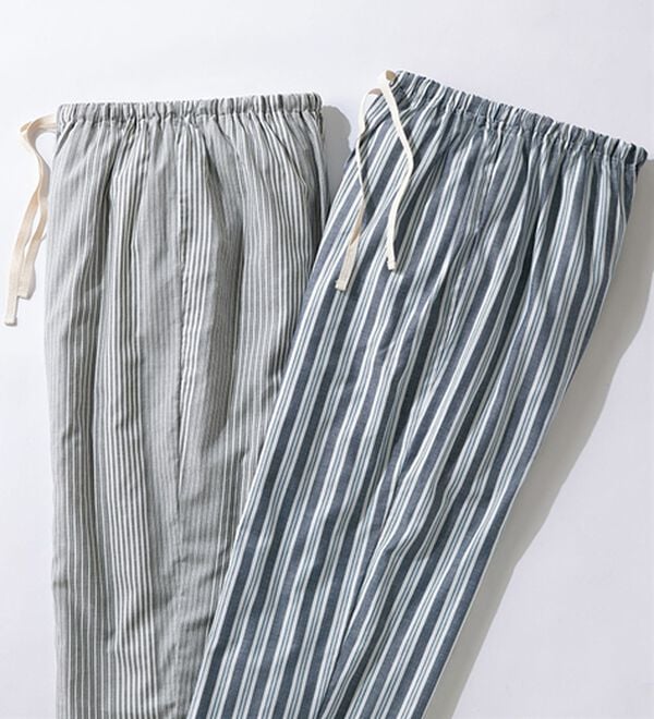 「【２本組】日本製ひんやり綿１００％播州織パジャマパンツ（メンズルームウェア）」｜ストライプ柄セット