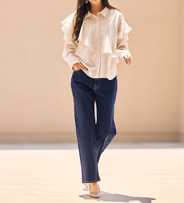 RANAN（ラナン）の「【裏起毛】ウエストゴムなのにスッキリ穿けるデニム（フルレングスパンツ）」｜詳細画像