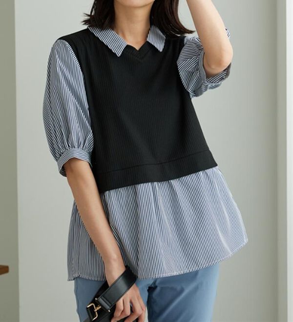BELLUNA（ベルーナ）の「衿付きVネック異素材切替チュニック（チュニック）」｜詳細画像