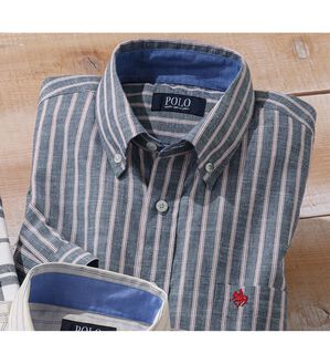 「＜ポロ・ビーシーエス＞麻入りさらさら７分袖シャツ（メンズシャツ）」｜ネイビーストライプ