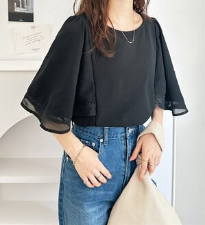 GeeRA（ジーラ）の「シアー切替フレアー袖Ｔブラウス（ブラウス）」｜ブラック