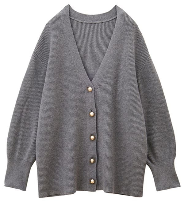 畦編みVネックゴールドボタンカーディガン - ベルーナ【公式】