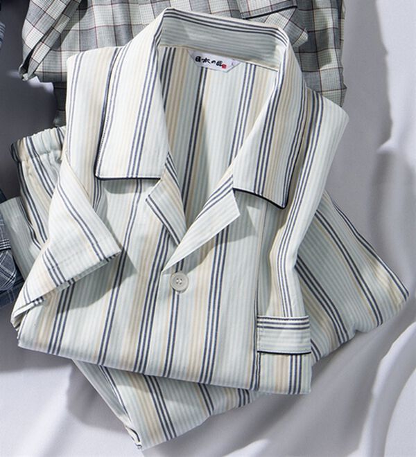 「日本製ひんやり綿１００％播州織パジャマ（メンズルームウェア）」｜ストライプ