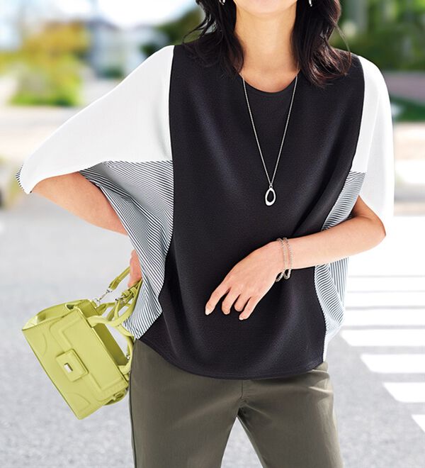 BELLUNA（ベルーナ）の「ストライプ配色切替ドルマンプルオーバー（カットソー）」｜詳細画像