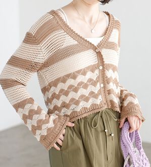 GeeRA（ジーラ）の「配色ニットボーダーカーディガン（ニットカーディガン）」｜ベージュ系