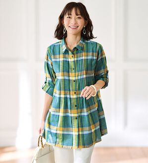 BELLUNA（ベルーナ）の「＜インド製＞綿素材チェック柄チュニック（チュニック）」｜ブルーグリーン系