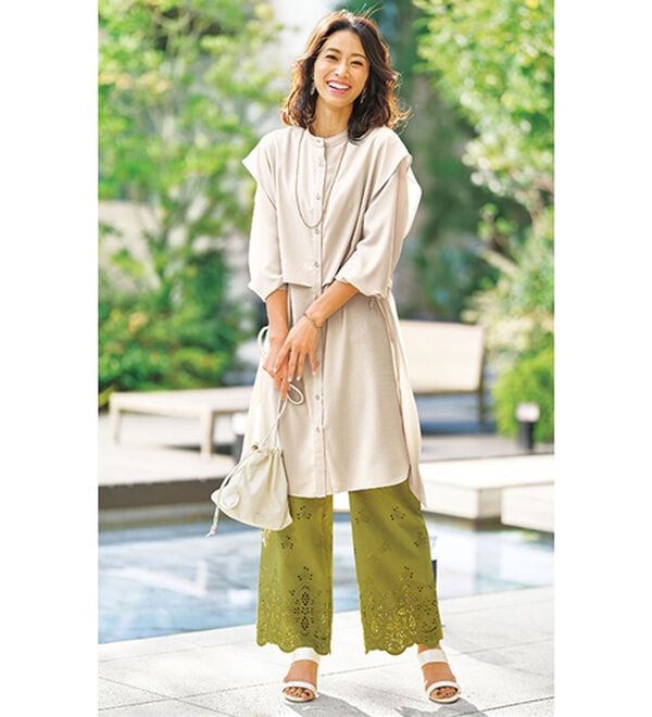 BELLUNA（ベルーナ）の「麻調素材レイヤード風ロングシャツ（シャツワンピース）」｜詳細画像