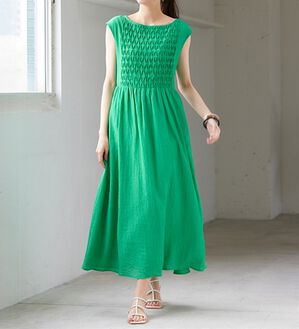 RANAN（ラナン）の「ひんやり！シャーリング風デザインロングワンピース（ロングワンピース）」｜アクアグリーン