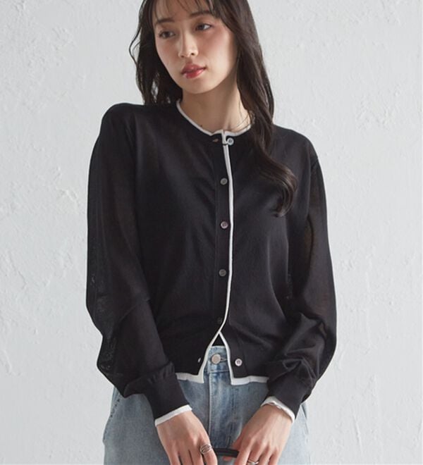 RANAN（ラナン）の「レイヤード風バイカラーシアーカーデ（ニットカーディガン）」｜詳細画像