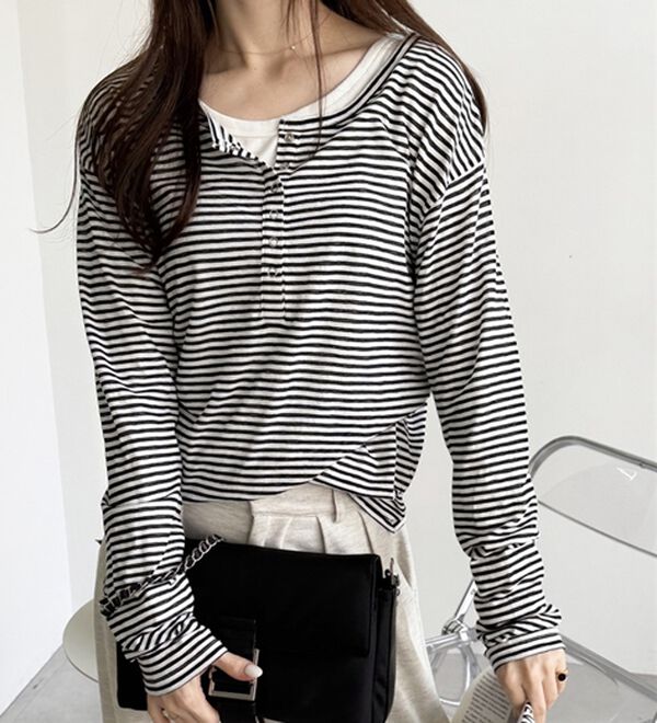 GeeRA（ジーラ）の「前後２ＷＡＹシアースラブヘンリーネックカットソー（カットソー）」｜白黒ボーダー