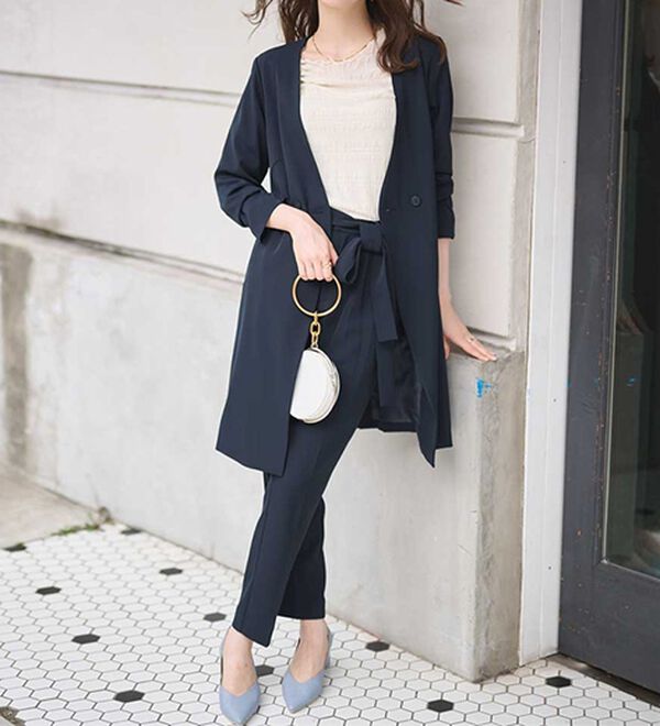 RANAN（ラナン）の「【２点セット】防シワ！洗える！ロングジャケットセットアップ（パンツスーツ）」｜ネイビーブラック