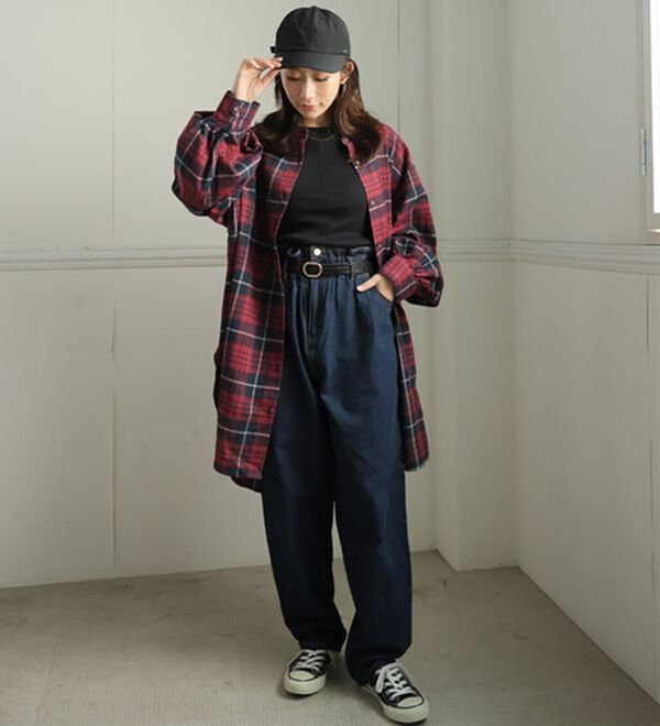 LL～8L】フランネル チェック バンドカラー 裾ラウンド チュニック