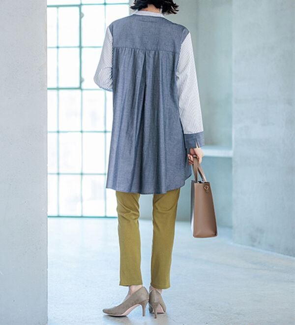 BELLUNA（ベルーナ）の「ストライプ&times;異素材切替シャツチュニック（チュニック）」｜詳細画像