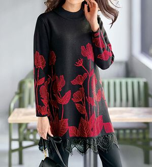 BELLUNA（ベルーナ）の「上品な花が咲く裾レースニットチュニック（チュニック）」｜赤系