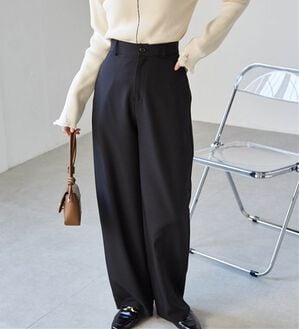 RANAN（ラナン）の「麻調素材カーブスラックス（ワイドパンツ・ガウチョ）」｜ブラック