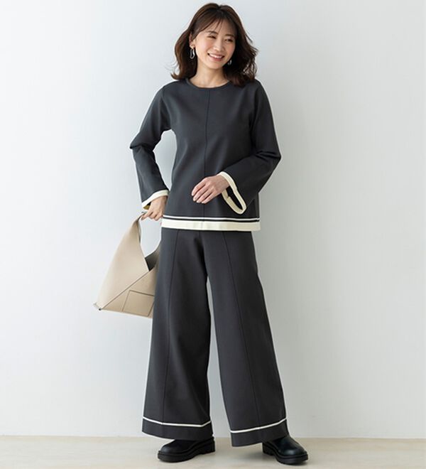 BELLUNA（ベルーナ）の「配色ライン使いニットワイドパンツ（ワイドパンツ・ガウチョ）」｜詳細画像