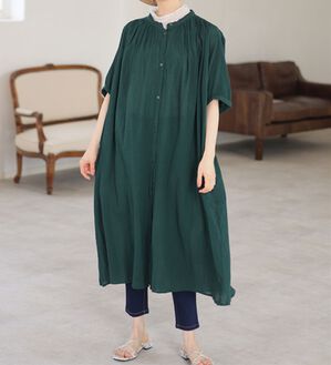 A HAPPY MARILYN（アハッピーマリリン）の「【Ｌ～６Ｌ】【風通るプレミアム】綿１００％ 楊柳 五分袖 ギャザーたっぷりワンピース（カットソーワンピース）」｜フォレストグリーン